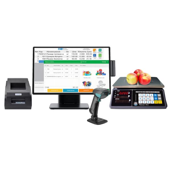 Касове обладнання для магазину (сенсорний термінал, ваги, принтер чеків та сканер штрих-коду)