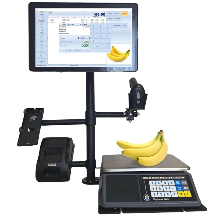 Автоматизация продуктового магазина – комплект (POS терминал, весы, беспроводной сканер, принтер чеков, кассовая стойка)